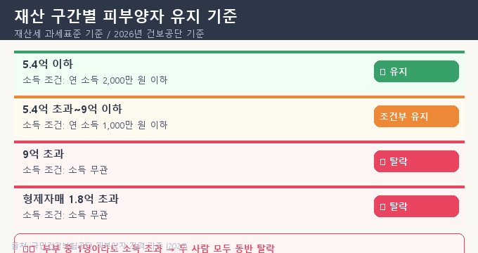 건강보험 피부양자 재산 기준 및 소득 기준 비교 차트