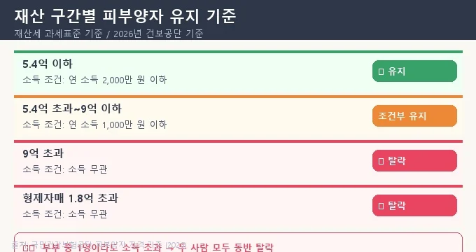 건강보험 피부양자 재산 기준 및 소득 기준 비교 차트